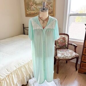 Green lace robe   intimate options mint button robe size large soft sheer 80s